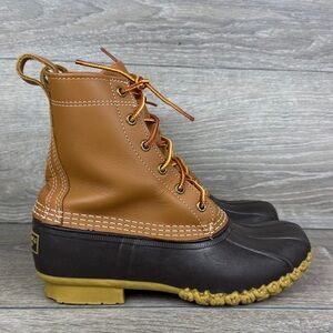 LL Bean Bean Boots Womens Sz 8 Tan Leather Brown Rubber 6-Eye Lace Up Duck Boots
